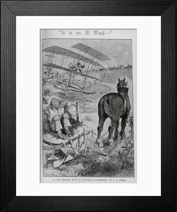 Framed Print : Caricature illustration of crashing plane by E F Sherie. Captioned, It is an ill wind. An old proverb with an up to date illustration'. Showing a biplane crashing in a field, whilst the farmer and cart horse take a rest Framed Print : Caricature illustration of crashing plane by E F Sherie. Captioned, It is an ill wind. An old proverb with an up to date illustration'. Showing a biplane crashing in a field, whilst the farmer and cart horse take a rest