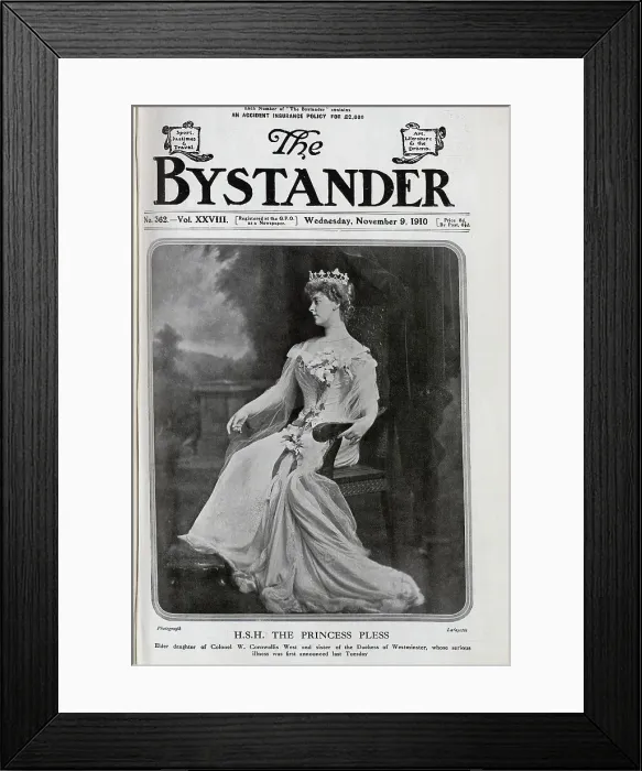 Framed Print : HSH The Princess Pless. Formal studio portrait, seated, in gown with corsage, and tiara. With description, Elder daughter of Colonel W Cornwallis West and sister of the Duchess of Westminster Framed Print : HSH The Princess Pless. Formal studio portrait, seated, in gown with corsage, and tiara. With description, Elder daughter of Colonel W Cornwallis West and sister of the Duchess of Westminster