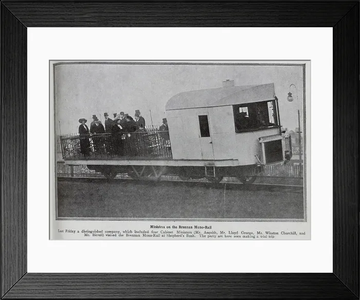 Framed Print : Photographs of guests including 4 Cabinet Ministers, riding the new Louis Brennan monorail at Shepherds Bush. Captioned, Ministers Rail at Shepherd's Bush: with a diversion furnished by airing and willows Framed Print : Photographs of guests including 4 Cabinet Ministers, riding the new Louis Brennan monorail at Shepherds Bush. Captioned, Ministers Rail at Shepherd's Bush: with a diversion furnished by airing and willows
