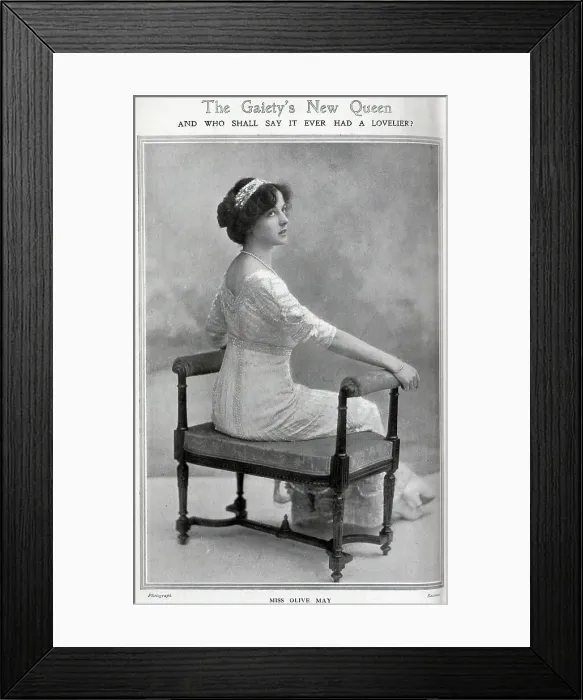 Framed Print : Olive May, actress and Gaiety Girl (1886-1947), formal studio portrait on boudoir chair. Olive Mary Meatyard married into the peerage twice, to Lord Victor Paget in 1913, then following their divorce, to the 10th Earl of Drogheda in 1922 Framed Print : Olive May, actress and Gaiety Girl (1886-1947), formal studio portrait on boudoir chair. Olive Mary Meatyard married into the peerage twice, to Lord Victor Paget in 1913, then following their divorce, to the 10th Earl of Drogheda in 1922