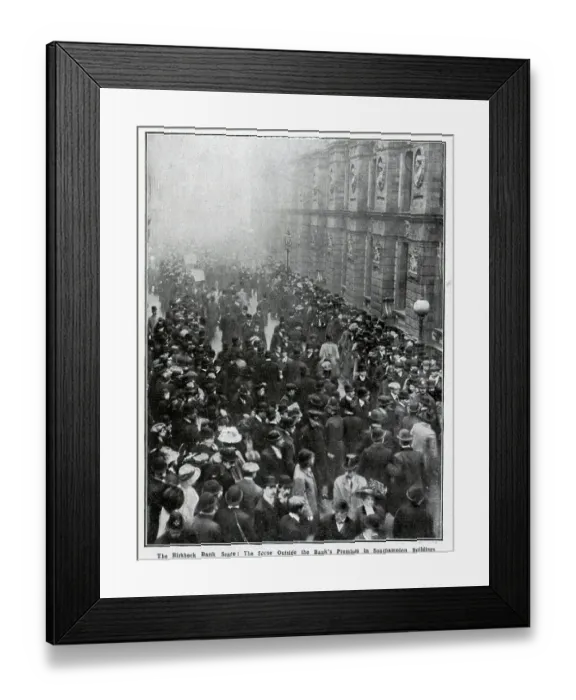 Framed Print : Photograph of crowds, at the Birkbeck Bank Scare: the scene outside the Bank's Premises, Southampton Buildings. From a section, The World's Pageant Framed Print : Photograph of crowds, at the Birkbeck Bank Scare: the scene outside the Bank's Premises, Southampton Buildings. From a section, The World's Pageant