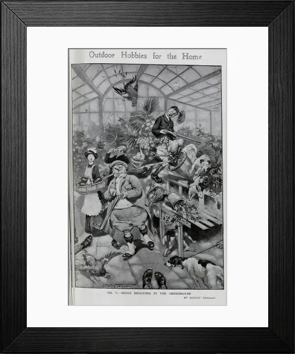 Framed Print : Caricature illustration, Mixed shooting in the greenhouse, shooters, staff, dogs, chickens and rabbits. Captioned, Outdoor hobbies for the home Framed Print : Caricature illustration, Mixed shooting in the greenhouse, shooters, staff, dogs, chickens and rabbits. Captioned, Outdoor hobbies for the home