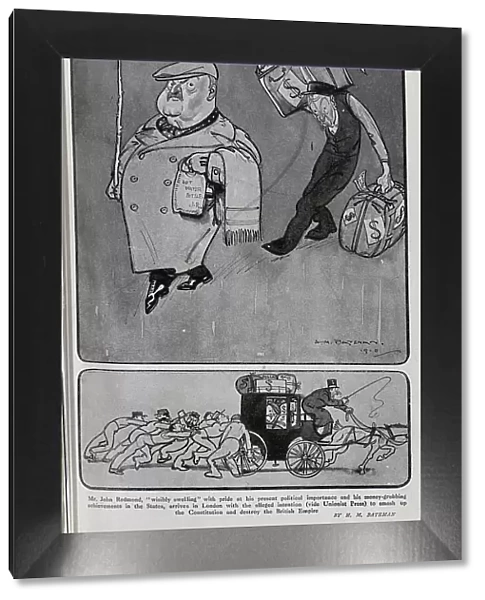Caricature illustrations, of the return from the United States of Mr John Redmond, by H M Bateman. Captioned, The Dictator's Return'. Showing John Redmond, and servants and horse and carriage struggling with bags of money