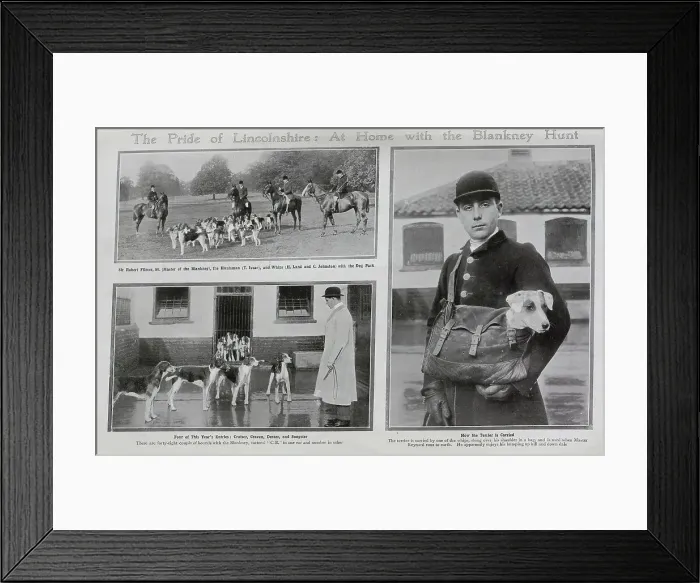 Framed Print : Photographs of the Blankney Hunt. Captioned, The Pride of Lincolnshire: At Home with the Blankney Hunt'. With descriptions, How the Terrier is Carried; The terrier is carried by one of the whips, slung over his shoulder in a bag Framed Print : Photographs of the Blankney Hunt. Captioned, The Pride of Lincolnshire: At Home with the Blankney Hunt'. With descriptions, How the Terrier is Carried; The terrier is carried by one of the whips, slung over his shoulder in a bag
