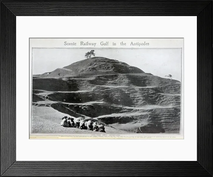Framed Print : One-Tree Hill, Auckland, outdoor scenic photograph, with spectators in the foreground. Captioned, Scenic Railway Golf in the Antipodes, where an ingenious Framed Print : One-Tree Hill, Auckland, outdoor scenic photograph, with spectators in the foreground. Captioned, Scenic Railway Golf in the Antipodes, where an ingenious