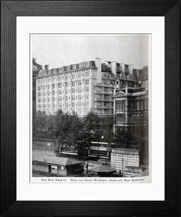 Framed Print : Savoy Hotel new facade, captioned The New Facade. Note the Small Windows, which are New Bathrooms'. From an article The Savoy Extension: A World Record by George R Sims Framed Print : Savoy Hotel new facade, captioned The New Facade. Note the Small Windows, which are New Bathrooms'. From an article The Savoy Extension: A World Record by George R Sims