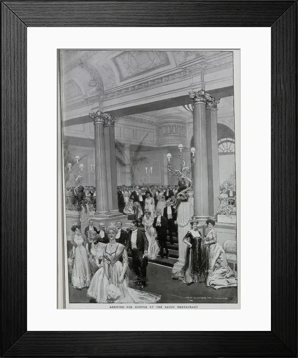 Framed Print : Savoy Hotel, illustration by Max Cowper, captioned Arriving for supper at the Savoy Restaurant'. From an article The Savoy Extension: A World Record by George R Sims Framed Print : Savoy Hotel, illustration by Max Cowper, captioned Arriving for supper at the Savoy Restaurant'. From an article The Savoy Extension: A World Record by George R Sims
