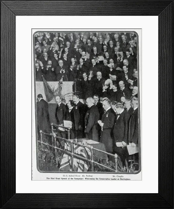 Framed Print : Arthur Balfour, leader of the Conservative party, speech, crowd scene. Captioned, The First Great Speech of the Campaign: Welcoming the Conservative Leader at Nottingham Framed Print : Arthur Balfour, leader of the Conservative party, speech, crowd scene. Captioned, The First Great Speech of the Campaign: Welcoming the Conservative Leader at Nottingham