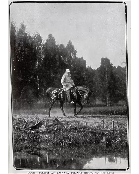 Photograph of Tolstoi (Tolstoy) riding to his bath, outdoor portrait on horseback. Captioned, Russia's Dead Thinker: picturesque photograph of the late Count Tolstoi
