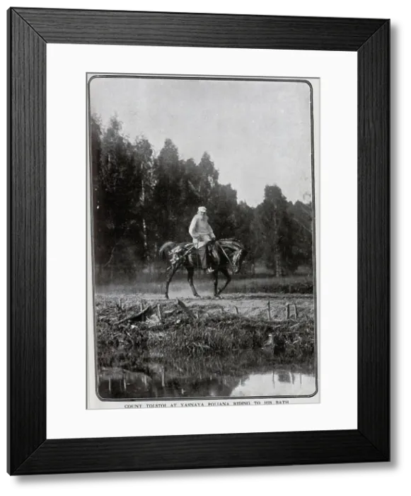 Framed Print : Photograph of Tolstoi (Tolstoy) riding to his bath, outdoor portrait on horseback. Captioned, Russia's Dead Thinker: picturesque photograph of the late Count Tolstoi Framed Print : Photograph of Tolstoi (Tolstoy) riding to his bath, outdoor portrait on horseback. Captioned, Russia's Dead Thinker: picturesque photograph of the late Count Tolstoi