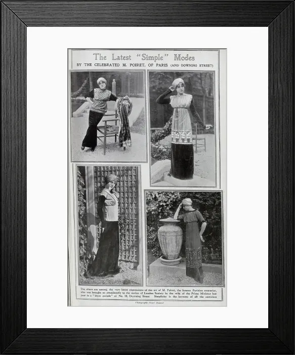 Framed Print : Four photographs of models in fashions by Poiret, Paris (and Downing Street). Captioned, The latest simple modes'. With description, The above are among the very latest expressions of the art of M Poiret, the famous Parisian couturier Framed Print : Four photographs of models in fashions by Poiret, Paris (and Downing Street). Captioned, The latest simple modes'. With description, The above are among the very latest expressions of the art of M Poiret, the famous Parisian couturier