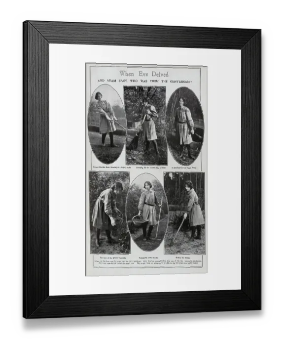 Framed Print : When Eve Delved and Adam span, who then was the gentleman?'Scenic outdoor photographs of woman gardening. With captions, Trained Muscles Make Nothing of a Heavy Roller, Sweeping Up the Leaves after a Storm, A Wheelbarrow is a Trusty Friend Framed Print : When Eve Delved and Adam span, who then was the gentleman?'Scenic outdoor photographs of woman gardening. With captions, Trained Muscles Make Nothing of a Heavy Roller, Sweeping Up the Leaves after a Storm, A Wheelbarrow is a Trusty Friend