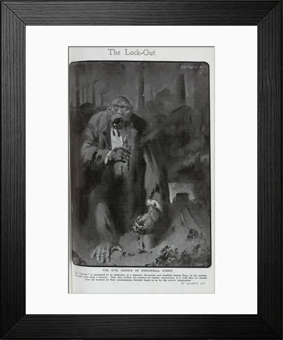 Framed Print : Grotesque caricature, The Lock-Out's a monster. Captioned, The Evil Genius Of Industrial Strife, with description, The lock-out is presented to us incarnate, as a monster, devouring and crushing human lives Framed Print : Grotesque caricature, The Lock-Out's a monster. Captioned, The Evil Genius Of Industrial Strife, with description, The lock-out is presented to us incarnate, as a monster, devouring and crushing human lives