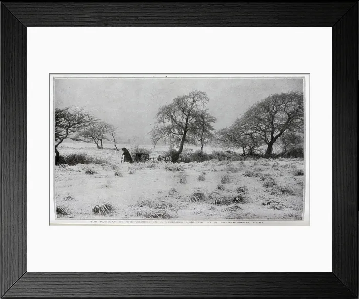 Framed Print : Photograph of lone figure, frosty December morning, by B Ward-Thompson, FRPS. Captioned, When Frost, the Sacred Painter, Spreads His Silver Pigment: The pathway to the church on a December morning'. Date: 1910 Framed Print : Photograph of lone figure, frosty December morning, by B Ward-Thompson, FRPS. Captioned, When Frost, the Sacred Painter, Spreads His Silver Pigment: The pathway to the church on a December morning'. Date: 1910
