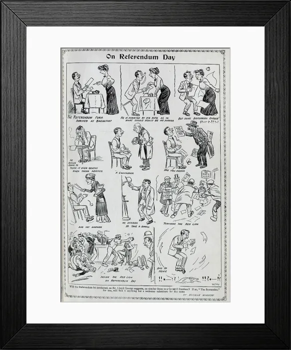 Framed Print : On Referendum Day cartoon illustrations by Norman Morrow. Showing imagined scenes of husband and wife on referendum day, including at breakfast, discussions, visits of canvassers, and to the Red Lion pub, and finally home Framed Print : On Referendum Day cartoon illustrations by Norman Morrow. Showing imagined scenes of husband and wife on referendum day, including at breakfast, discussions, visits of canvassers, and to the Red Lion pub, and finally home