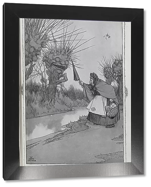 Caricature illustration, captioned Too Much Christmas, by W Heath Robinson. Showing old woman in shawl by river bank, telling off trees. With quotation, Mrs Ginabody: 'You old rogues, how dare you - at your time of life too