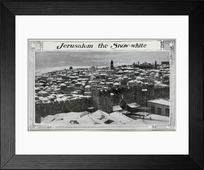 Framed Print : Photograph of Jerusalem, Palestine in snow. rooftop scene. Captioned, Jerusalem the Snow white'. With description, Although snow falls every year on the mountains of Palestine Framed Print : Photograph of Jerusalem, Palestine in snow. rooftop scene. Captioned, Jerusalem the Snow white'. With description, Although snow falls every year on the mountains of Palestine