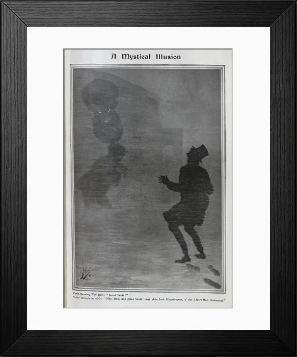 Framed Print : Caricature illustration, A Mystical Illusion by Nibs. Showing two men in fog, one carrying a double bass, mistaken by the other man for a monster Framed Print : Caricature illustration, A Mystical Illusion by Nibs. Showing two men in fog, one carrying a double bass, mistaken by the other man for a monster