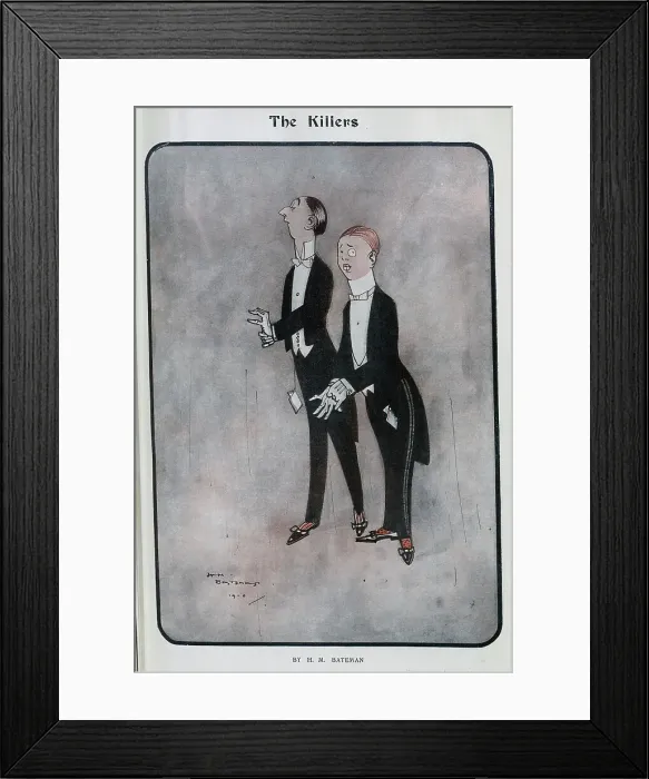 Framed Print : Caricature illustration, The Killers by H M Bateman. Showing two young gentlemen in evening dress suits, fancy socks and dance shoes. Henry Mayo Bateman (1887-1970)'illustrator and cartoonist