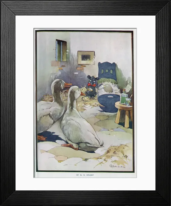 Framed Print : Colour illustration by G E Studdy, captioned The Doctor'. Showing scene in barn, with rodent doctor listening to egg in cot, whilst anxious geese parents look Framed Print : Colour illustration by G E Studdy, captioned The Doctor'. Showing scene in barn, with rodent doctor listening to egg in cot, whilst anxious geese parents look