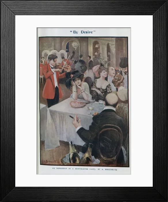 Framed Print : Colour illustration of bored young woman at table with others and violinist. Captioned By Desire, an impression in a Montmartre cafe by A Birkenruth. Adolph Birkenruth (1861-1940), British painter and illustrator of German origin