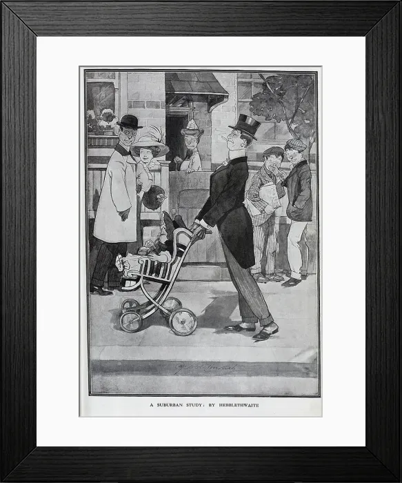 Framed Print : Caricature illustration, captioned, The First Born'. Showing proud father in top hat and tails, with child in bonnet in push chair, and onlookers in street scene. Horace Sydney Hebblethwaite, illustrator (1873-1914). Date: 1910 Framed Print : Caricature illustration, captioned, The First Born'. Showing proud father in top hat and tails, with child in bonnet in push chair, and onlookers in street scene. Horace Sydney Hebblethwaite, illustrator (1873-1914). Date: 1910