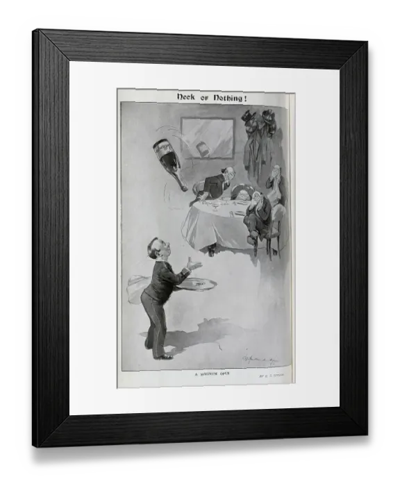 Framed Print : Caricature illustration of waiter juggling bottle of Bollinger, with 4 diners hiding at their table, by G E Studdy, Captioned, Neck or Nothing! George F Studdy, illustrator, renowned for series of works on the dog, Bonzo Framed Print : Caricature illustration of waiter juggling bottle of Bollinger, with 4 diners hiding at their table, by G E Studdy, Captioned, Neck or Nothing! George F Studdy, illustrator, renowned for series of works on the dog, Bonzo