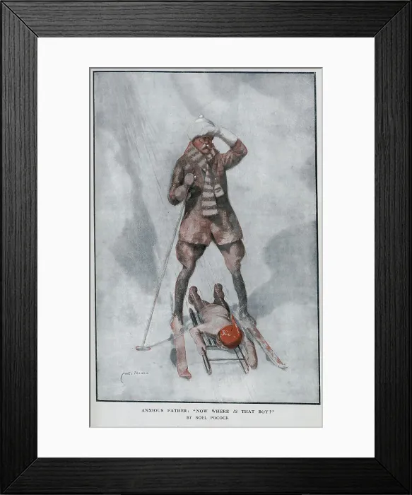 Framed Print : Caricature illustration in colour by Noel Pocock, showing man on skis, child on sled sneaking through his legs in snow scene. Captioned Another Mysterious Disappearance, with quotation, Anxious father: Now where IS that boy Framed Print : Caricature illustration in colour by Noel Pocock, showing man on skis, child on sled sneaking through his legs in snow scene. Captioned Another Mysterious Disappearance, with quotation, Anxious father: Now where IS that boy