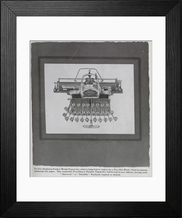 Framed Print : Advertisement for new Blickensderfer lightweight typewriter. Showing typewriter and extended keys. The typewriter was being offered with a week's free trial Framed Print : Advertisement for new Blickensderfer lightweight typewriter. Showing typewriter and extended keys. The typewriter was being offered with a week's free trial