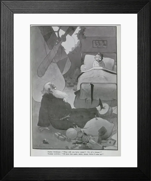 Framed Print : Caricature illustration of Father Christmas, having crashed his plane and dropped his toys in a child's room, by G E Studdy. Captioned, Held over from our Christmas issue Framed Print : Caricature illustration of Father Christmas, having crashed his plane and dropped his toys in a child's room, by G E Studdy. Captioned, Held over from our Christmas issue