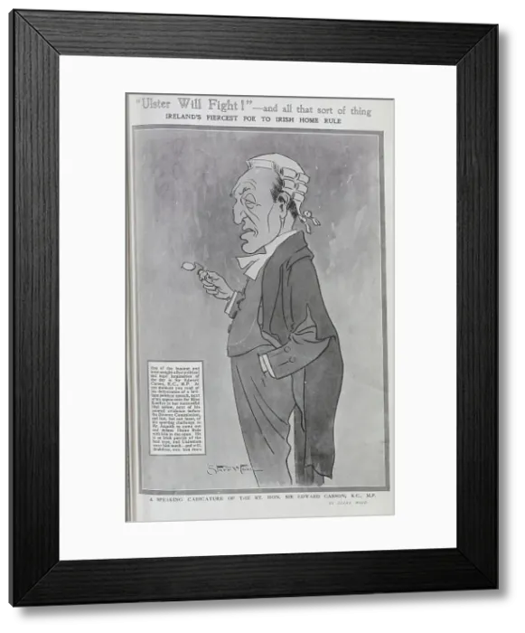 Framed Print : Caricature illustration of Rt Hon Sir Edward Carson, speaking in lawyer's wig and gown, holding spectacles, by Starr Wood, caricature artist, (1870-1944) Framed Print : Caricature illustration of Rt Hon Sir Edward Carson, speaking in lawyer's wig and gown, holding spectacles, by Starr Wood, caricature artist, (1870-1944)