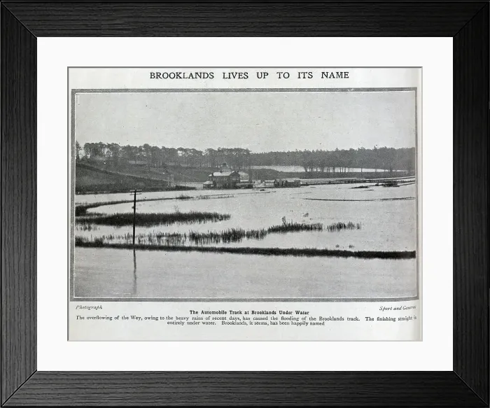 Framed Print : Photograph of flooding at Brooklands race track. Captioned, Brooklands lives up to its name'. With description, The Automobile Track at Brooklands Under Water; The overflowing of the Wey, owing to the heavy rains of recent days Framed Print : Photograph of flooding at Brooklands race track. Captioned, Brooklands lives up to its name'. With description, The Automobile Track at Brooklands Under Water; The overflowing of the Wey, owing to the heavy rains of recent days