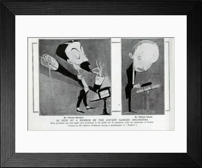 Framed Print : Caricature illustrations of Mr Thomas Beecham and Mr Richard Strauss. With description, Dr Richard Strauss as seen by a member of the Covent Garden Orchestra; Both gentlemen are once again very prominent in the public eye in connection with Framed Print : Caricature illustrations of Mr Thomas Beecham and Mr Richard Strauss. With description, Dr Richard Strauss as seen by a member of the Covent Garden Orchestra; Both gentlemen are once again very prominent in the public eye in connection with