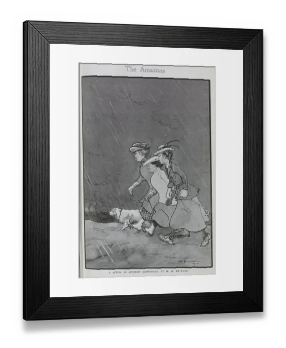 Framed Print : Caricature illustration by H M Bateman of three women and a dog, marching with determination in the rain. Captioned, The Amazons: a study in Modern Femininity Framed Print : Caricature illustration by H M Bateman of three women and a dog, marching with determination in the rain. Captioned, The Amazons: a study in Modern Femininity