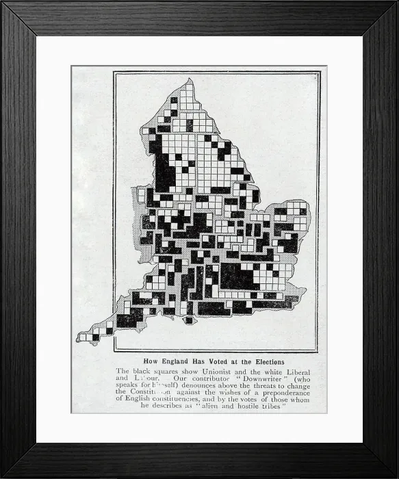 Framed Print : Election map, How England has voted at the Elections'. With description, How England Has Voted at the Elections; The black squares show Unionist and the white Liberal and Labour Framed Print : Election map, How England has voted at the Elections'. With description, How England Has Voted at the Elections; The black squares show Unionist and the white Liberal and Labour