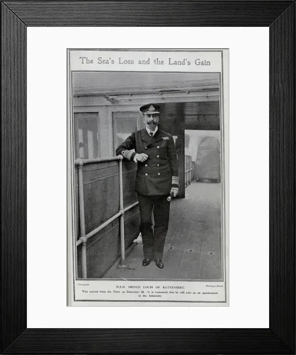 Framed Print : HSH Prince Louis of Battenberg (1854-1921) in naval uniform, with telescope, on board ship. Captioned, The Sea's Loss and the Land's Gain Framed Print : HSH Prince Louis of Battenberg (1854-1921) in naval uniform, with telescope, on board ship. Captioned, The Sea's Loss and the Land's Gain