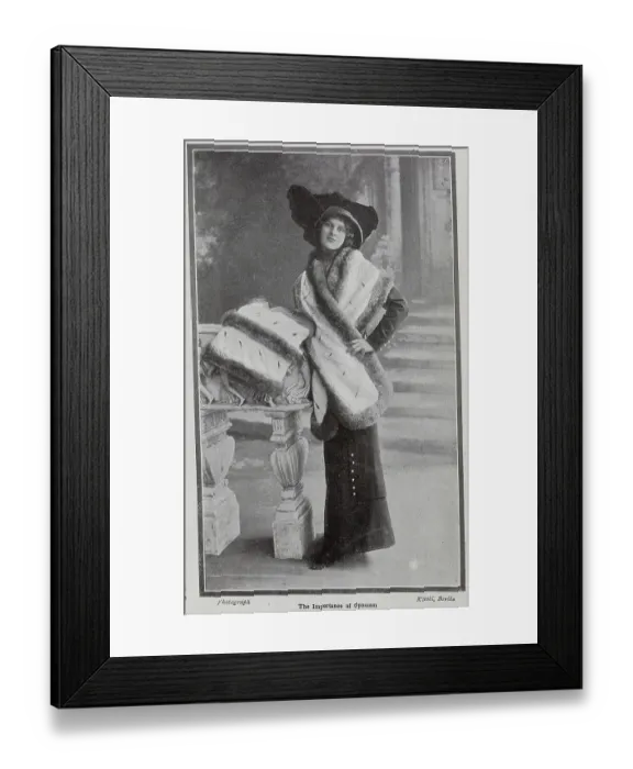 Framed Print : Photograph of woman modelling opossum fur. With description, The Importance of Opossum; Our photograph shows a quaint pelerine scarf of pure white ermine, the centre sparsely sprinkled with real black tails Framed Print : Photograph of woman modelling opossum fur. With description, The Importance of Opossum; Our photograph shows a quaint pelerine scarf of pure white ermine, the centre sparsely sprinkled with real black tails