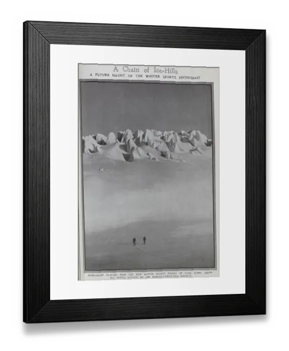 Framed Print : Photograph of the Hardanger Glacier, with two men on skis viewing the scene. Captioned, A Chain of Ice-Hills: A Future Haunt of the Winter Sports Enthusiast