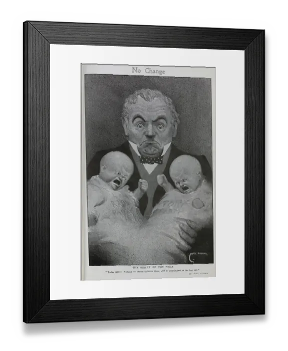 Framed Print : Caricature illustration of bewildered man holding twin political babies Radical and Tory, by Noel Pocock. Captioned, No Change'. With description, The Result Of The Polls: Twins again Framed Print : Caricature illustration of bewildered man holding twin political babies Radical and Tory, by Noel Pocock. Captioned, No Change'. With description, The Result Of The Polls: Twins again