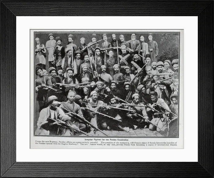 Framed Print : Photograph of a large group of armed men, captioned, Irregular fighters for the Persian Constitution'. With description, Under the new Regency, Persian affairs are comparatively peaceful Framed Print : Photograph of a large group of armed men, captioned, Irregular fighters for the Persian Constitution'. With description, Under the new Regency, Persian affairs are comparatively peaceful