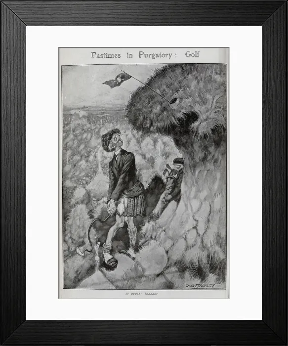 Framed Print : Caricature illustration, Pastimes in Purgatory: Golf, by Dudley Tennant. Showing bewildered golfer in tartan, with bent golf club, and pirate flag in hole above Framed Print : Caricature illustration, Pastimes in Purgatory: Golf, by Dudley Tennant. Showing bewildered golfer in tartan, with bent golf club, and pirate flag in hole above