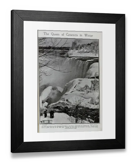 Framed Print : Niagara Falls in winter, with ice and frozen trees. Captioned, The Queen of Cataracts in Winter'. With description, The point from which this fine photograph was taken is Luna Island, which divides the American fall Framed Print : Niagara Falls in winter, with ice and frozen trees. Captioned, The Queen of Cataracts in Winter'. With description, The point from which this fine photograph was taken is Luna Island, which divides the American fall