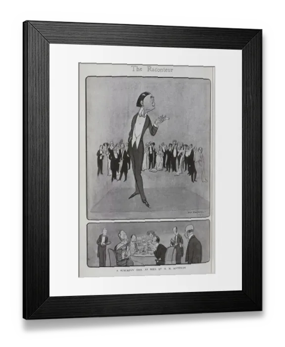 Framed Print : Caricature illustrations by H M Bateman of a man speaking at a party and at dinner. Captioned, The Raconteur: a suburban idol'. Henry Mayo Bateman (1887-1970)'illustrator and cartoonist Framed Print : Caricature illustrations by H M Bateman of a man speaking at a party and at dinner. Captioned, The Raconteur: a suburban idol'. Henry Mayo Bateman (1887-1970)'illustrator and cartoonist