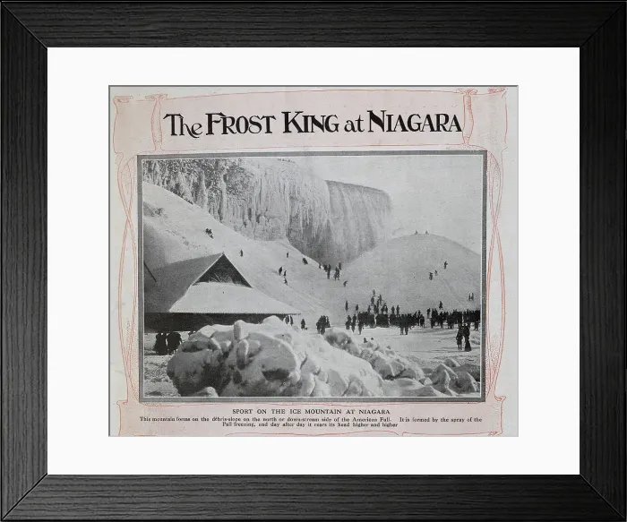 Framed Print : Photograph of Niagara Falls frozen, with skiers at base. Captioned, The Frost King at Niagara'. With description, There is no place in the world where the Frost King creates a more beautiful spectacle than at Niagara Falls Framed Print : Photograph of Niagara Falls frozen, with skiers at base. Captioned, The Frost King at Niagara'. With description, There is no place in the world where the Frost King creates a more beautiful spectacle than at Niagara Falls