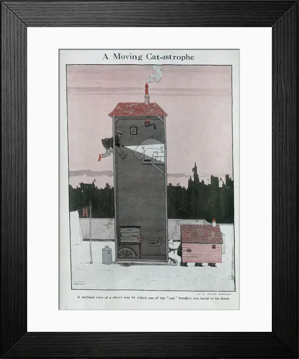 Framed Print : Caricature illustration of tall house on wheels, pulled by men disguised as a shed, with burglar about to fall into the trap. Captioned, A Moving Cat-astrophe Framed Print : Caricature illustration of tall house on wheels, pulled by men disguised as a shed, with burglar about to fall into the trap. Captioned, A Moving Cat-astrophe