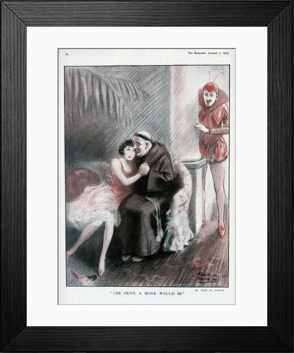 Framed Print : Colour illustration of a monk seducing a woman on a couch, with a red devil in the background, at a fancy dress party. Captioned, The Devil a Monk would be'. By Fred W Purvis, illustrator. Date: 1925 Framed Print : Colour illustration of a monk seducing a woman on a couch, with a red devil in the background, at a fancy dress party. Captioned, The Devil a Monk would be'. By Fred W Purvis, illustrator. Date: 1925