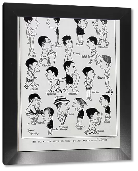 Caricatures of players from the English cricket team, by Kerwin Maegraith. Including Tate, Bryan, Whysall, Hendren, Hobbs, Woolley, Sutcliffe, Kilner, Tyldesley, Freeman, Sandham, Chapman, Strudwick, Douglas, Hearne, Howell, manager Mr Toone
