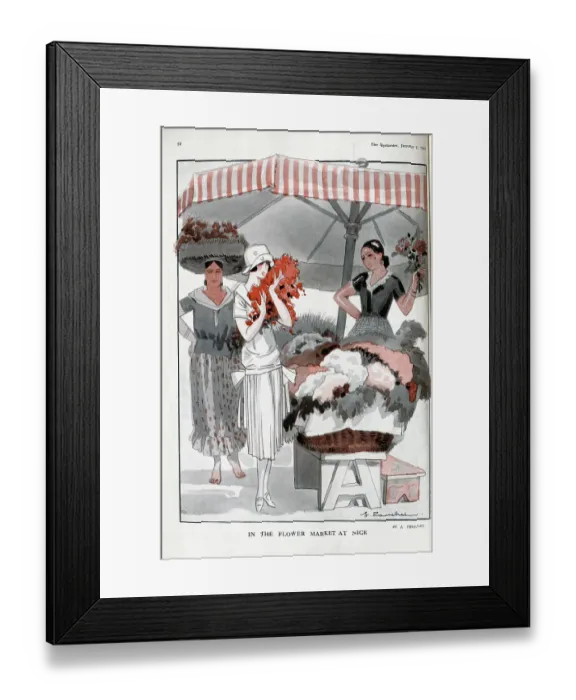 Framed Print : In the Flower Market at Nice, France by J Touchet. Showing two flower sellers under umbrella at stall, with customer in cloche hat. Jacques Touchet (1887-1949), French illustrator, artist and author. Date: 1925 Framed Print : In the Flower Market at Nice, France by J Touchet. Showing two flower sellers under umbrella at stall, with customer in cloche hat. Jacques Touchet (1887-1949), French illustrator, artist and author. Date: 1925