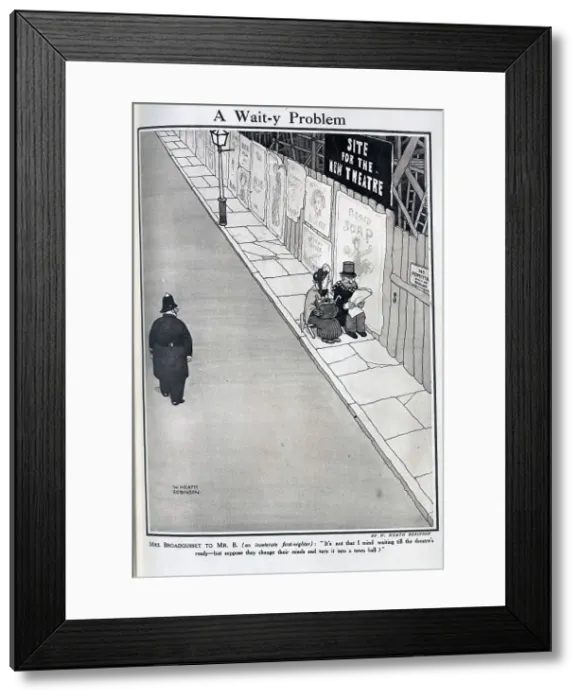 Framed Print : Caricature illustration of man and woman waiting for theatre to be built, with policeman looking on. Captioned, A Wait-y Problem'. With quotations Framed Print : Caricature illustration of man and woman waiting for theatre to be built, with policeman looking on. Captioned, A Wait-y Problem'. With quotations
