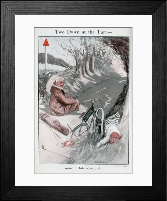 Framed Print : Colour illustration of golfer in tweeds, in an accident with butcher's boy on bike, P Bodge, Family Butcher. Outdoor scene in country lane by H H Harris. Captioned, Two Down at the Turn, And probably One to Go!'. Date: 1925 Framed Print : Colour illustration of golfer in tweeds, in an accident with butcher's boy on bike, P Bodge, Family Butcher. Outdoor scene in country lane by H H Harris. Captioned, Two Down at the Turn, And probably One to Go!'. Date: 1925